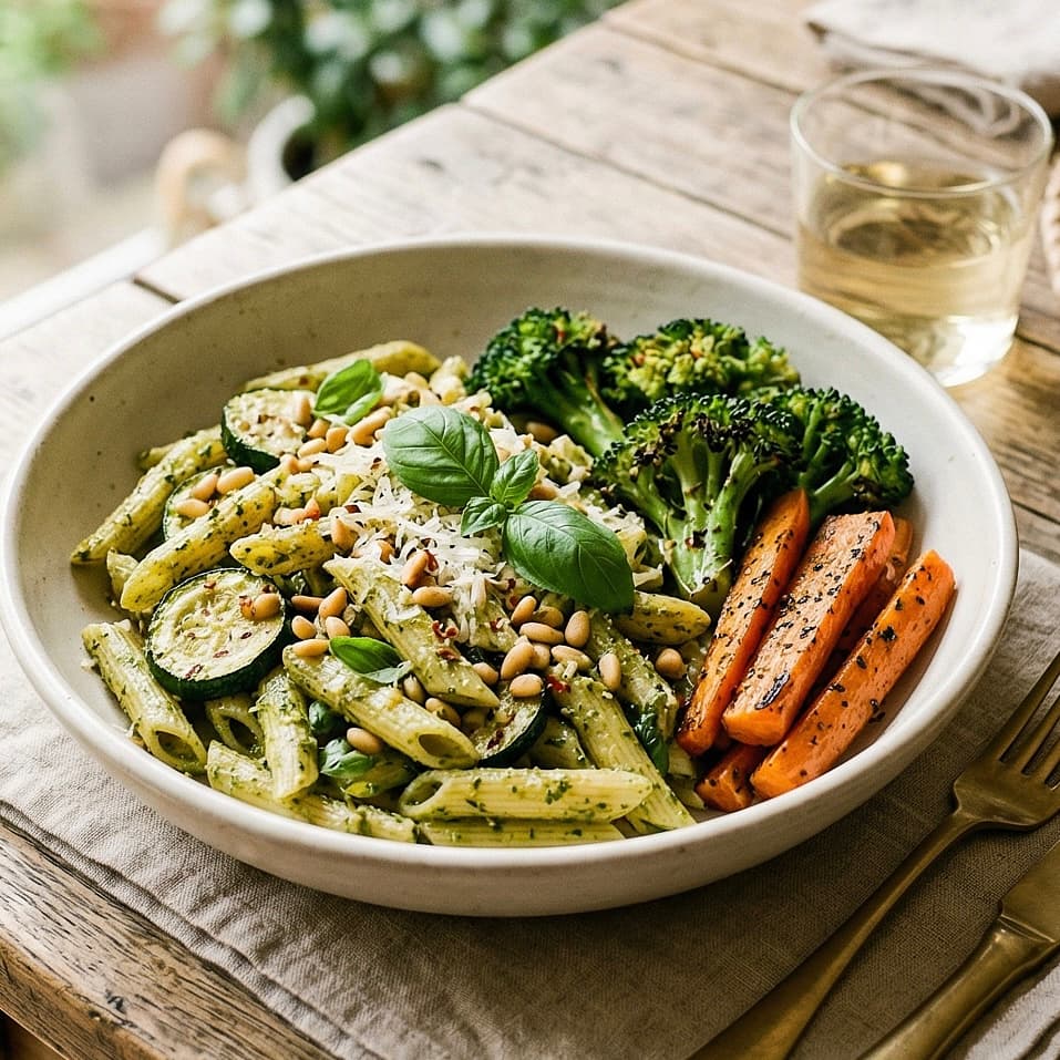 Zucchini, Pine Nuts and Pesto Pasta, Grilled Broccoli and Carrot