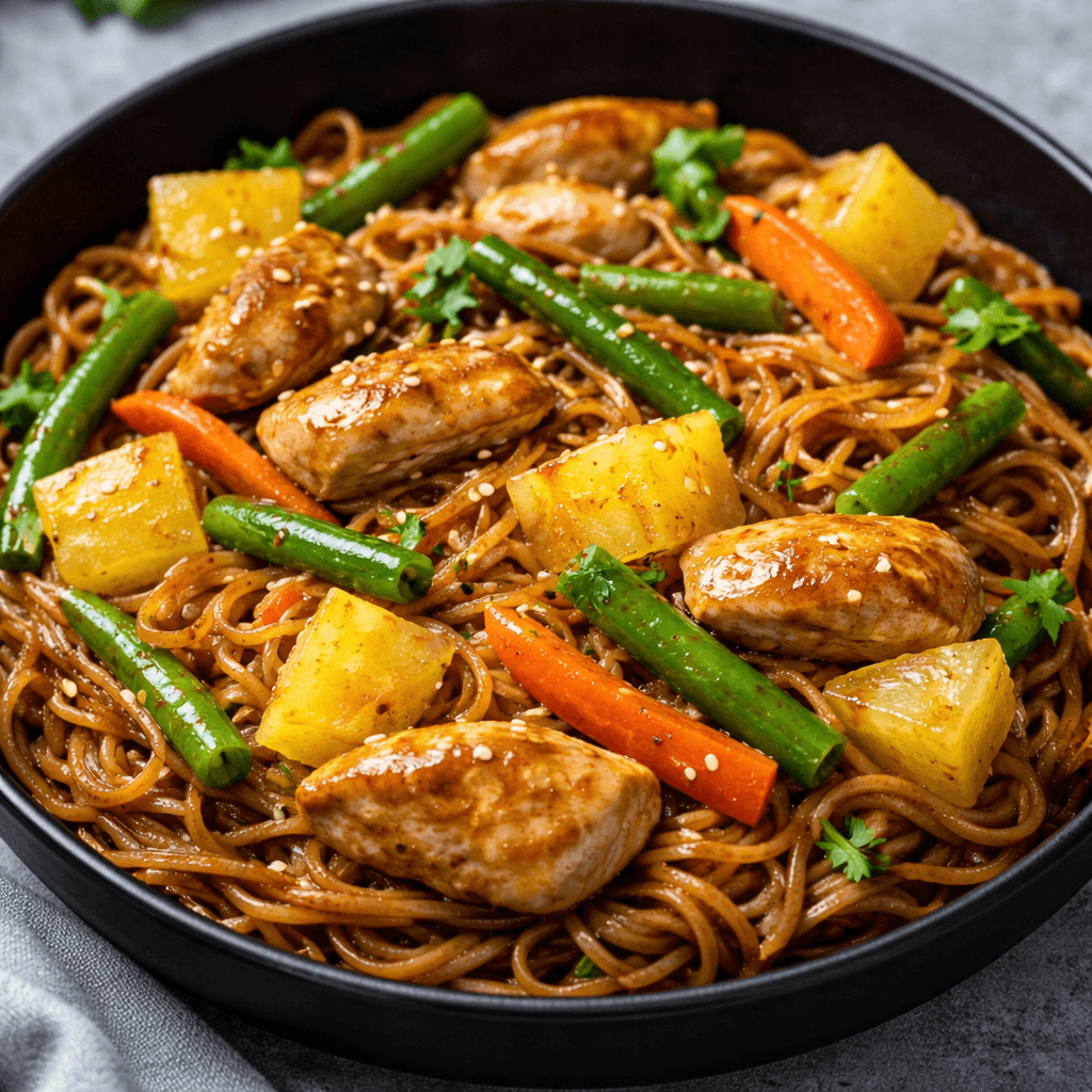 Pineapple Chicken Stir Fry with Brown Noodles, Green Beans and Carrots