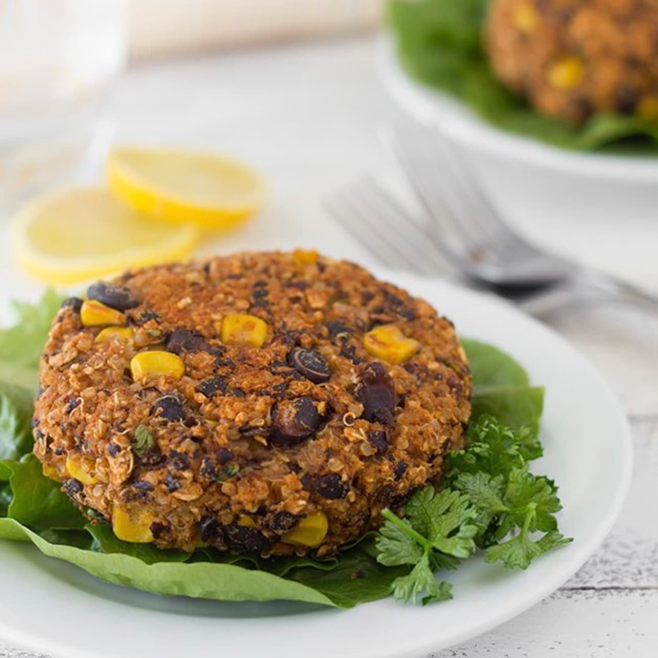 Black Bean and Sweet Corn Burgers with Sweet Potato Fries and Grilled Vegetables